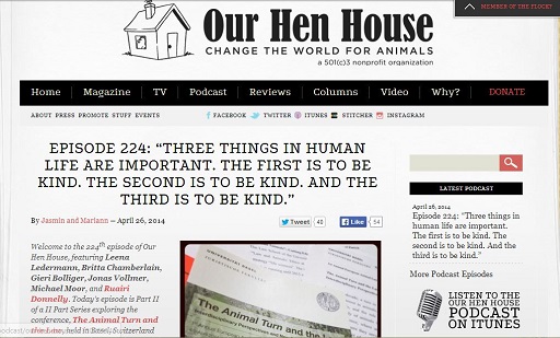 Screenshot of "Our Hen House" website opened to episode 224 titled "Three things in human life are important. The first is to be kind. The second is to be kind. And the third is to be kind."